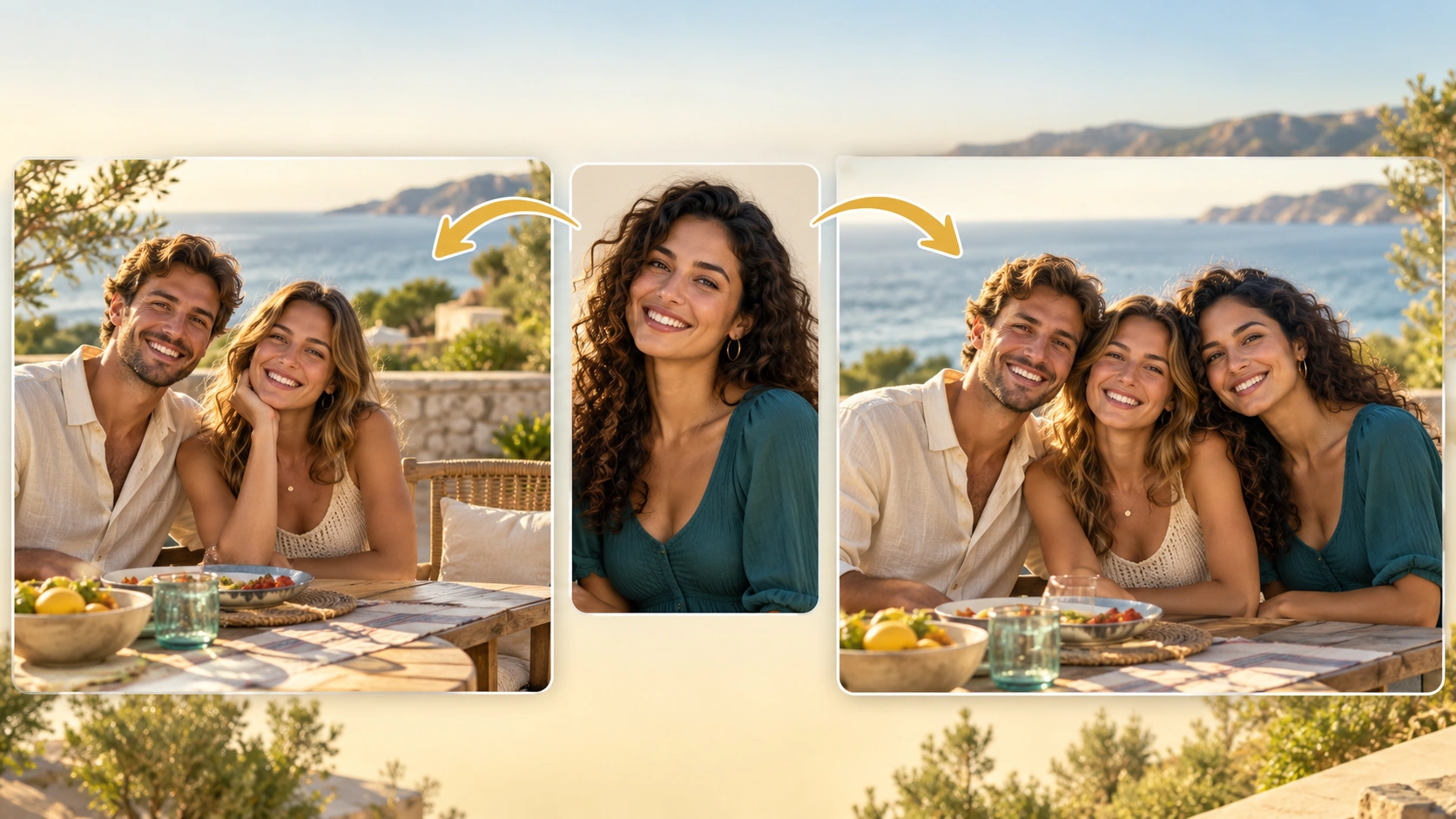 Base scene and one person portrait become a directed group-photo edit.