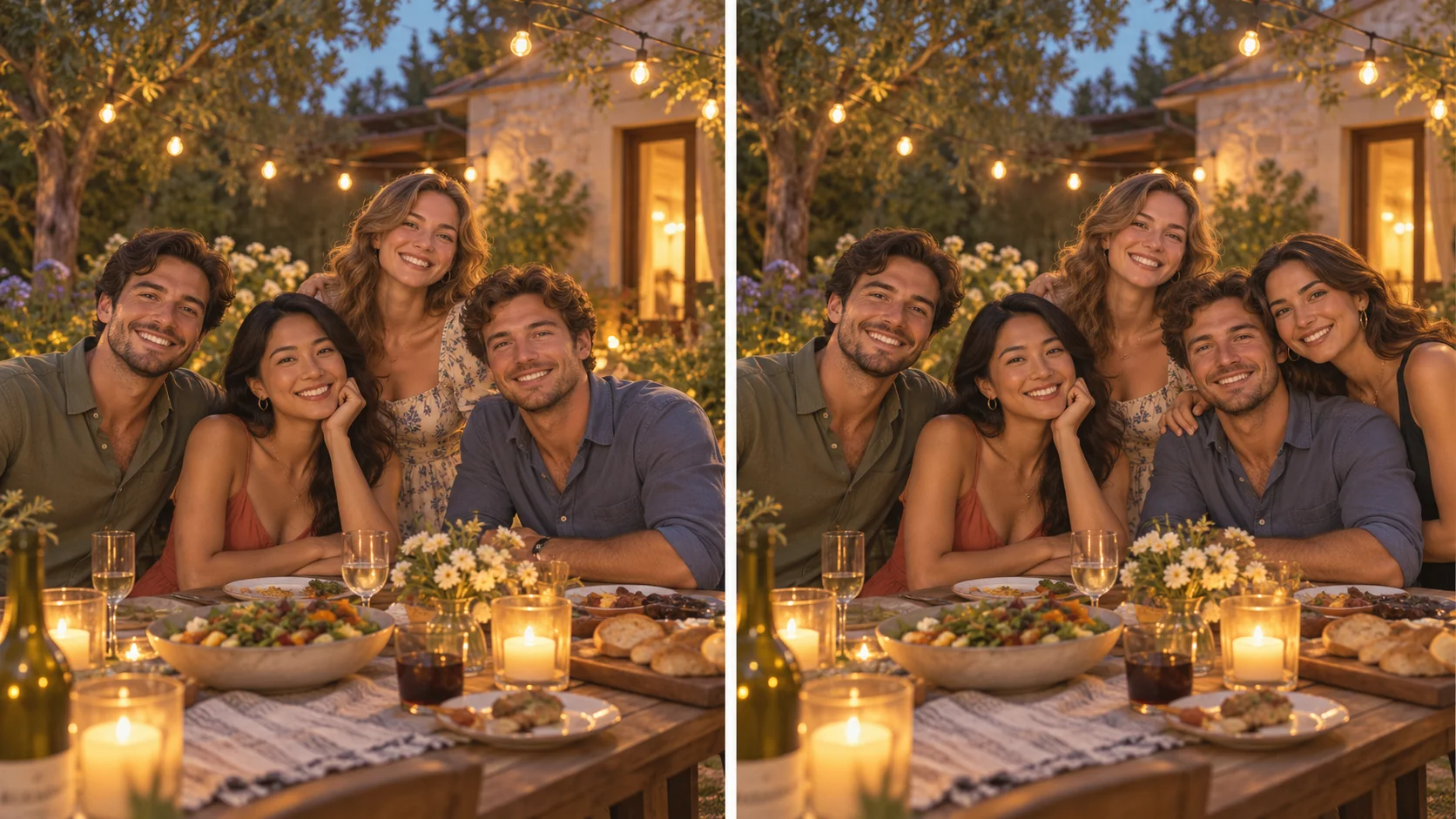 Add People To Photo reference composition: Base scene and one person portrait become a directed group-photo edit.