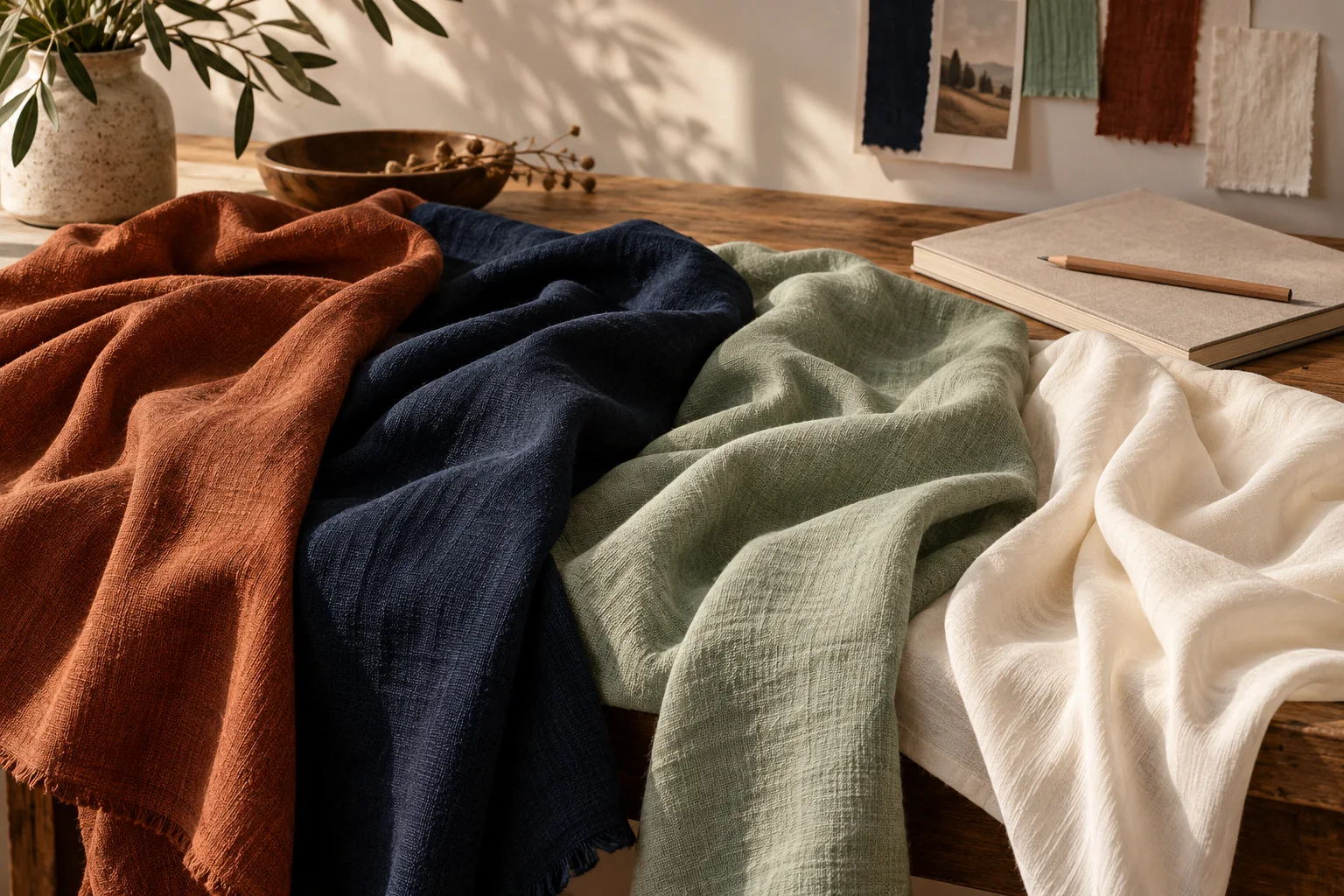 Beschreibe Stoff und Farbe in einer gezielten Styling-Anweisung.