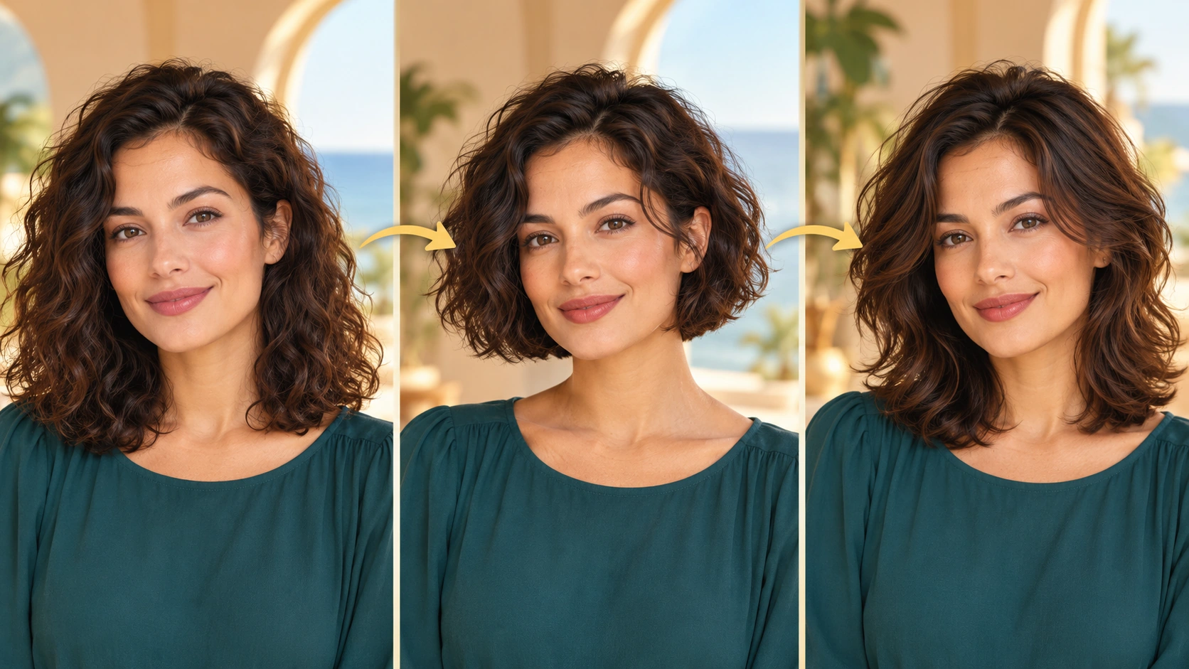One stable portrait makes different hair silhouettes easier to compare.