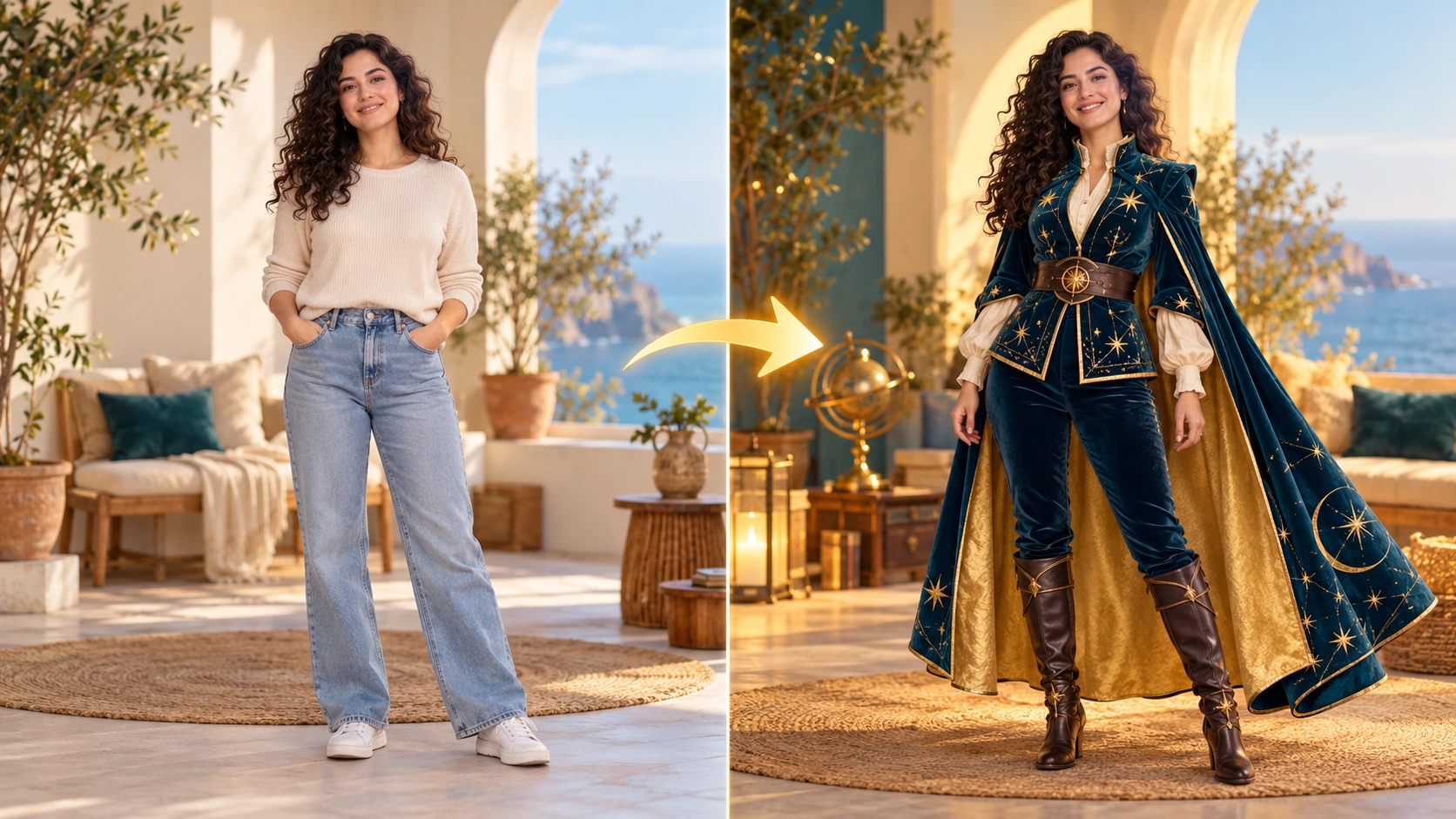 An everyday portrait provides the pose for a fully described costume concept.