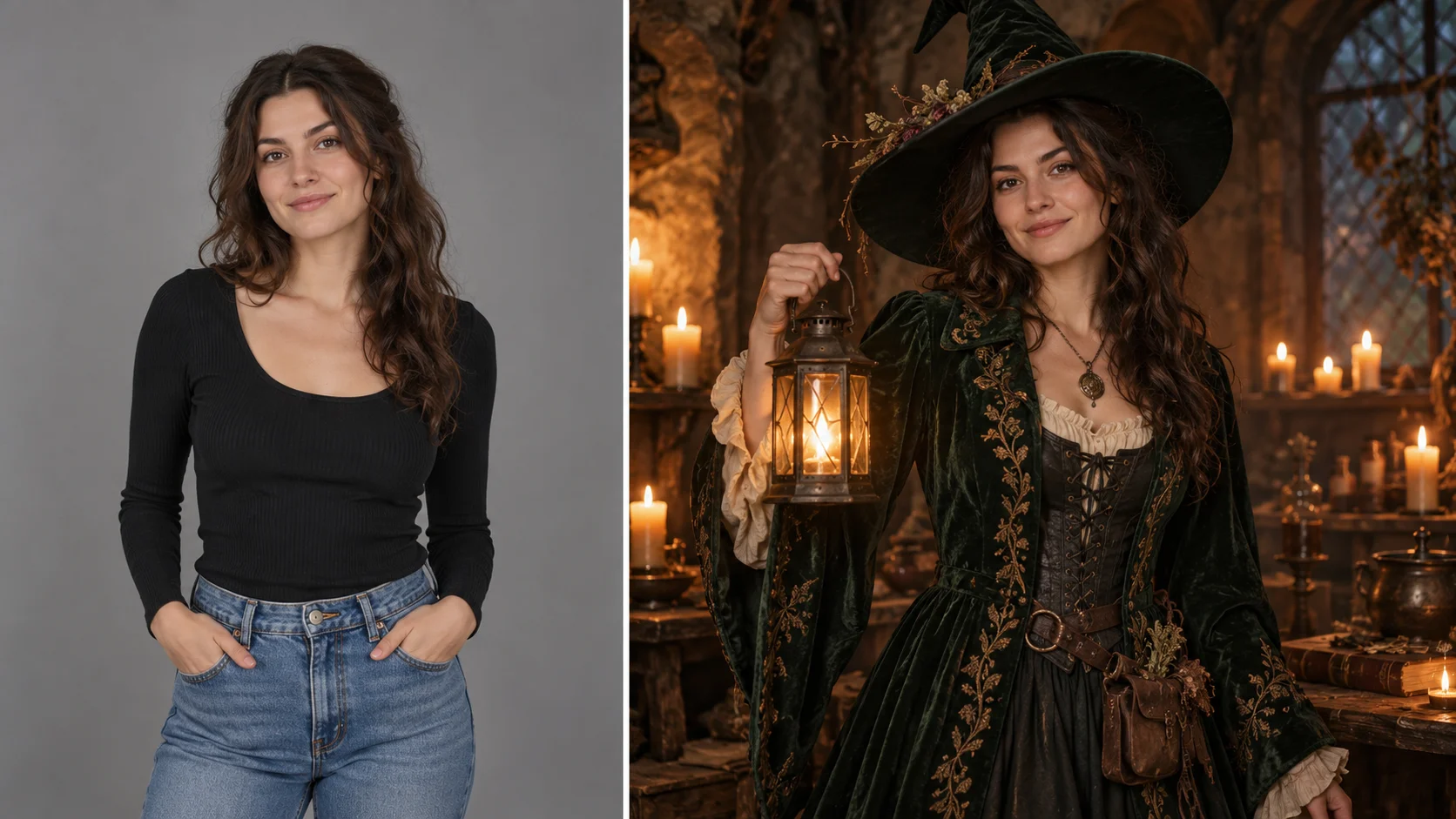 Editorial diptych: an adult in plain studio clothes on the left, the same adult as a witch in a candlelit room on the right