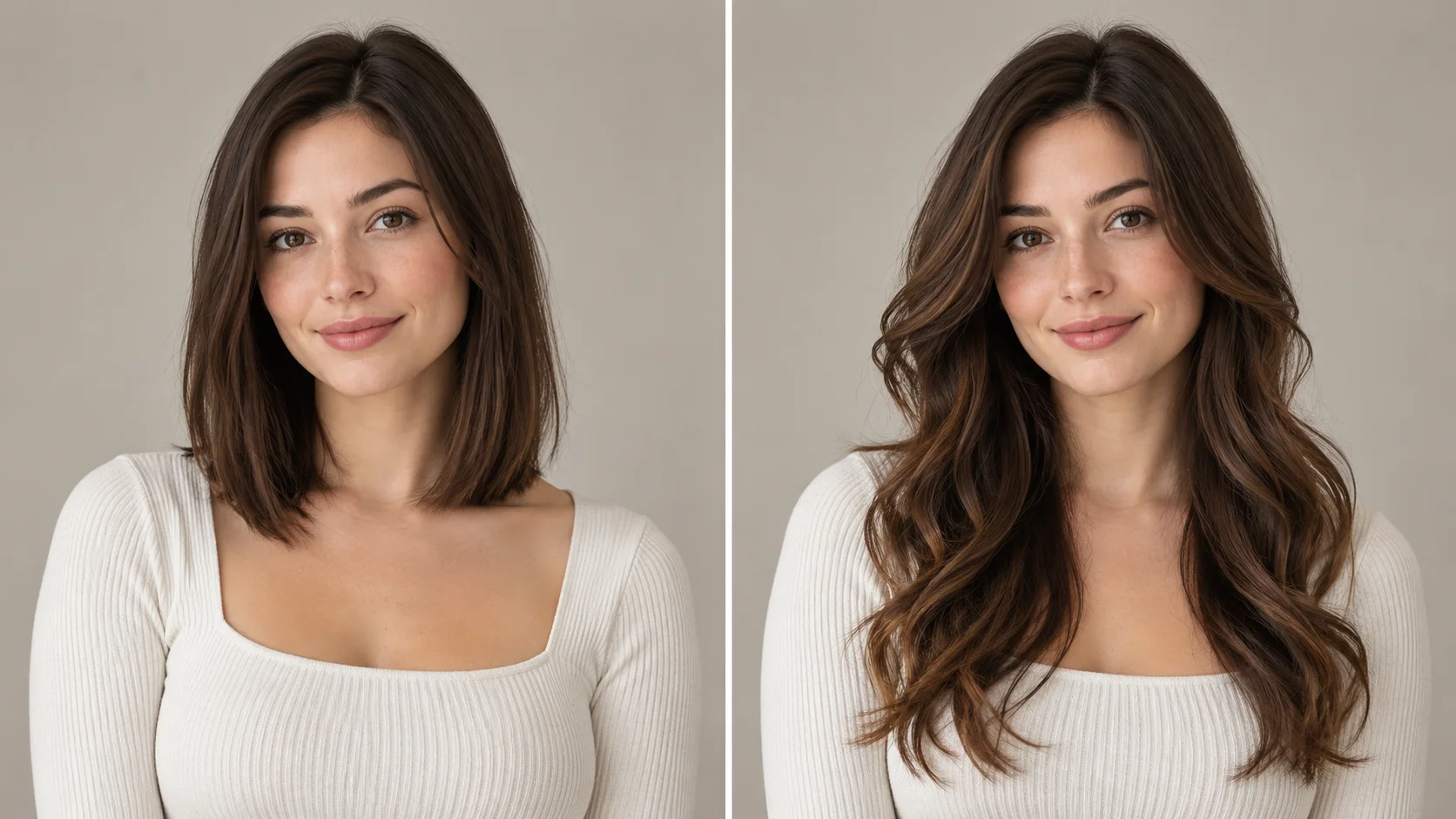 Editorial side-by-side concept of the same adult woman with shoulder-length hair and then chest-length wavy hair, same face and clothing