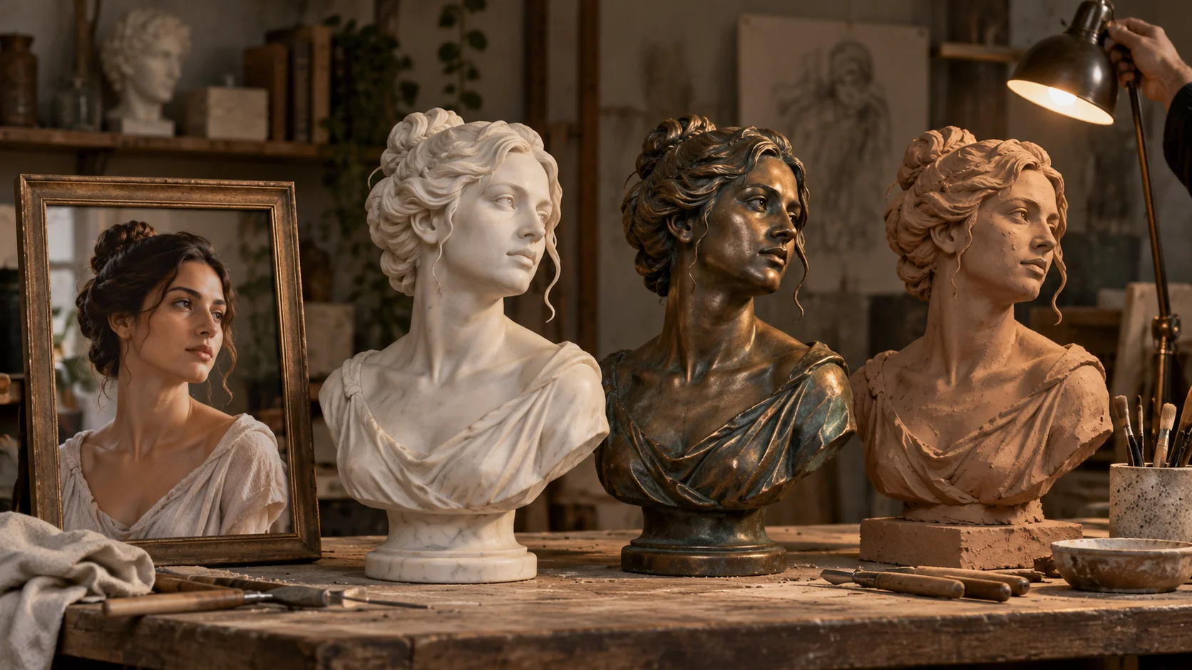 Editorial illustration of a photographed portrait beside its marble and bronze sculpture-inspired versions on a studio table