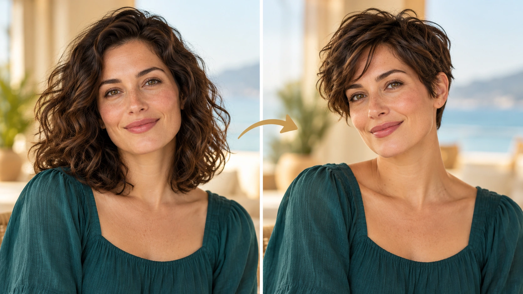 One reference portrait and a precise short-cut description establish the comparison.
