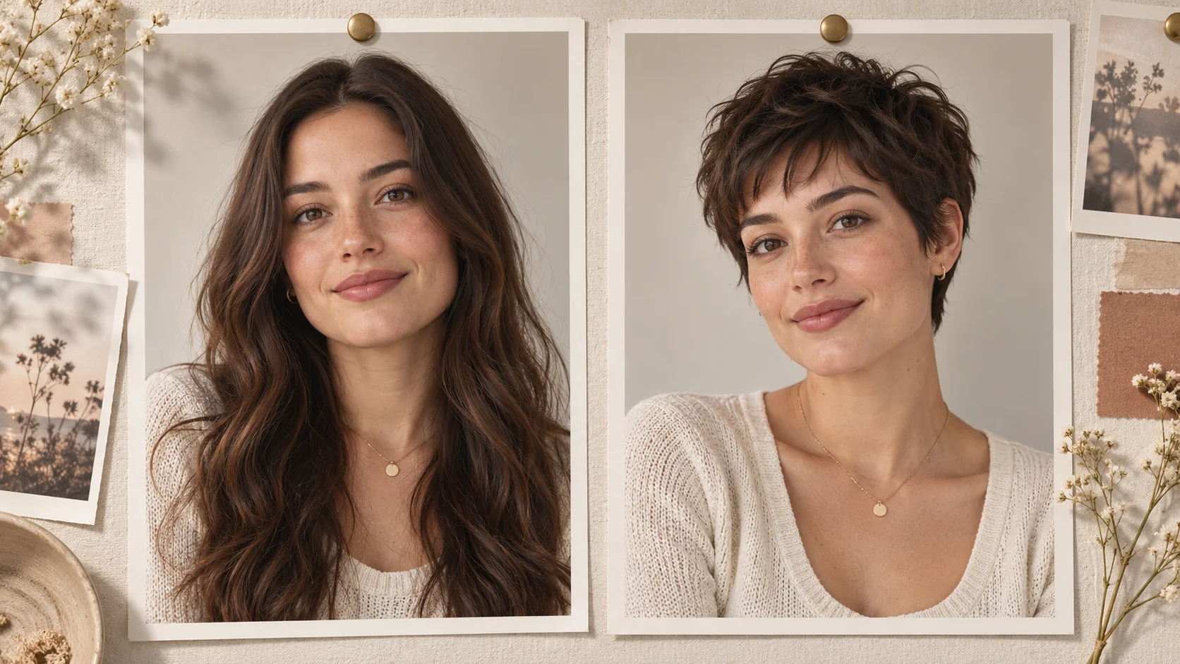 Editorial diptych showing an adult portrait photo beside an AI-generated short haircut version with face and background preserved