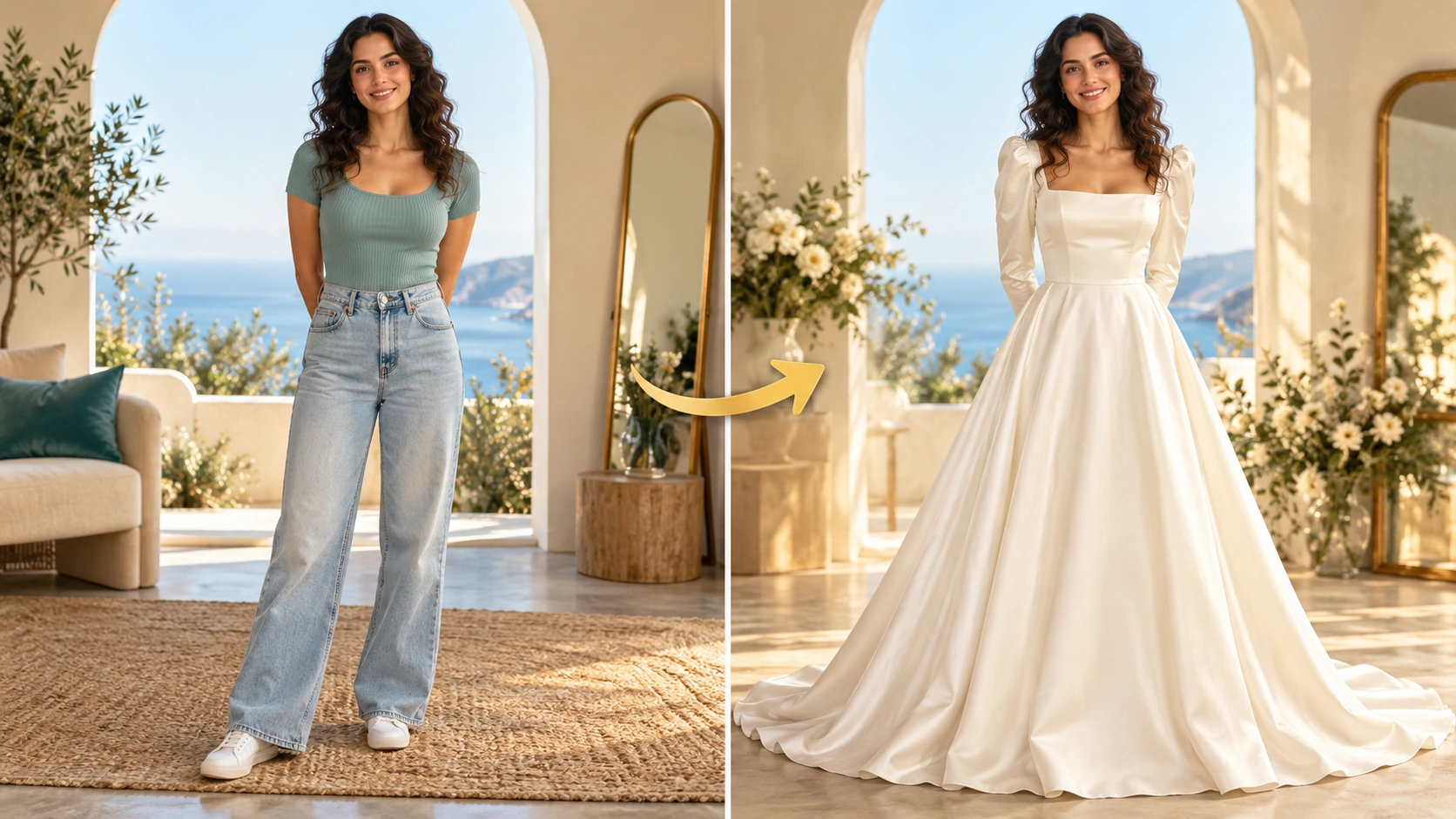 A full-length portrait and clear silhouette brief create a focused bridal styling concept.