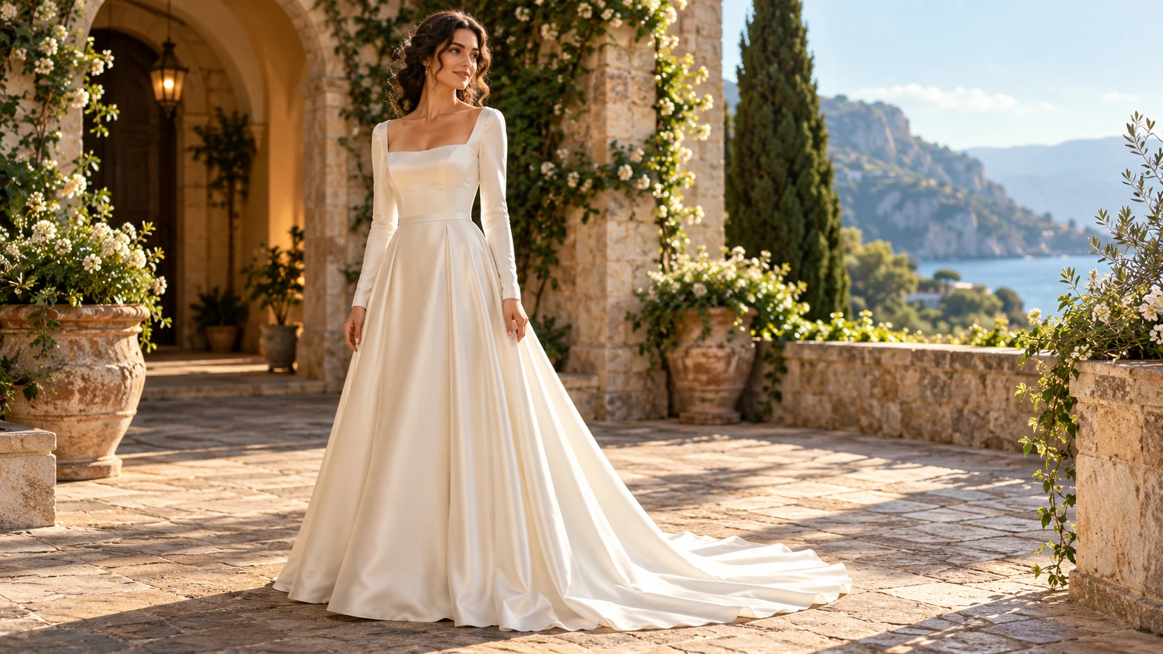 Neckline, sleeve and skirt choices should read as one coherent gown.