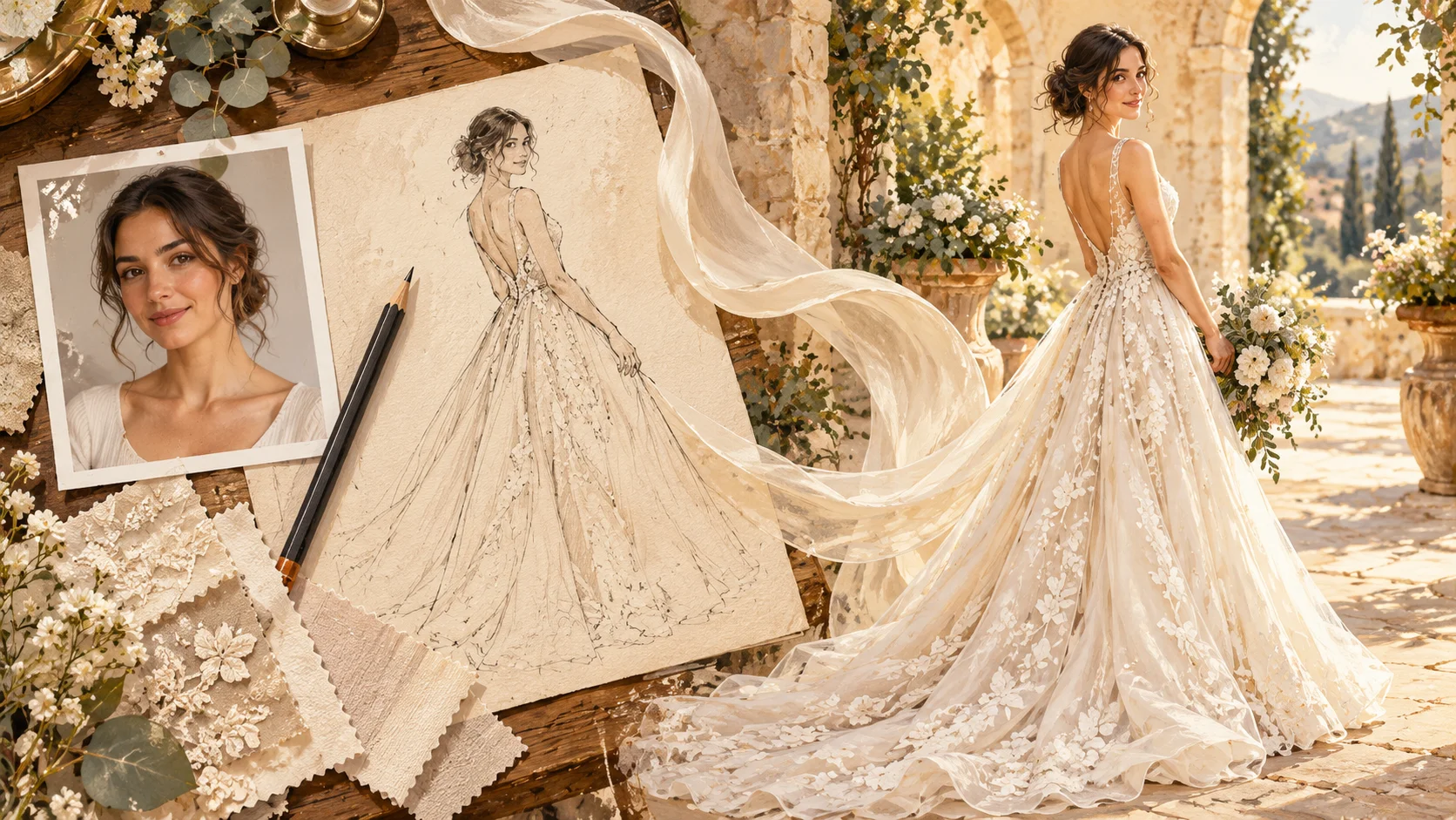 Editorial illustration of an adult portrait photo moving through a drafting desk scene into a sketched wedding gown concept