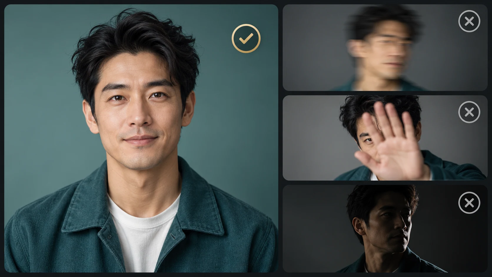 One sharp, front-facing portrait of a man in teal is compared with three images of the same person affected by motion blur, a covered face and deep shadow.