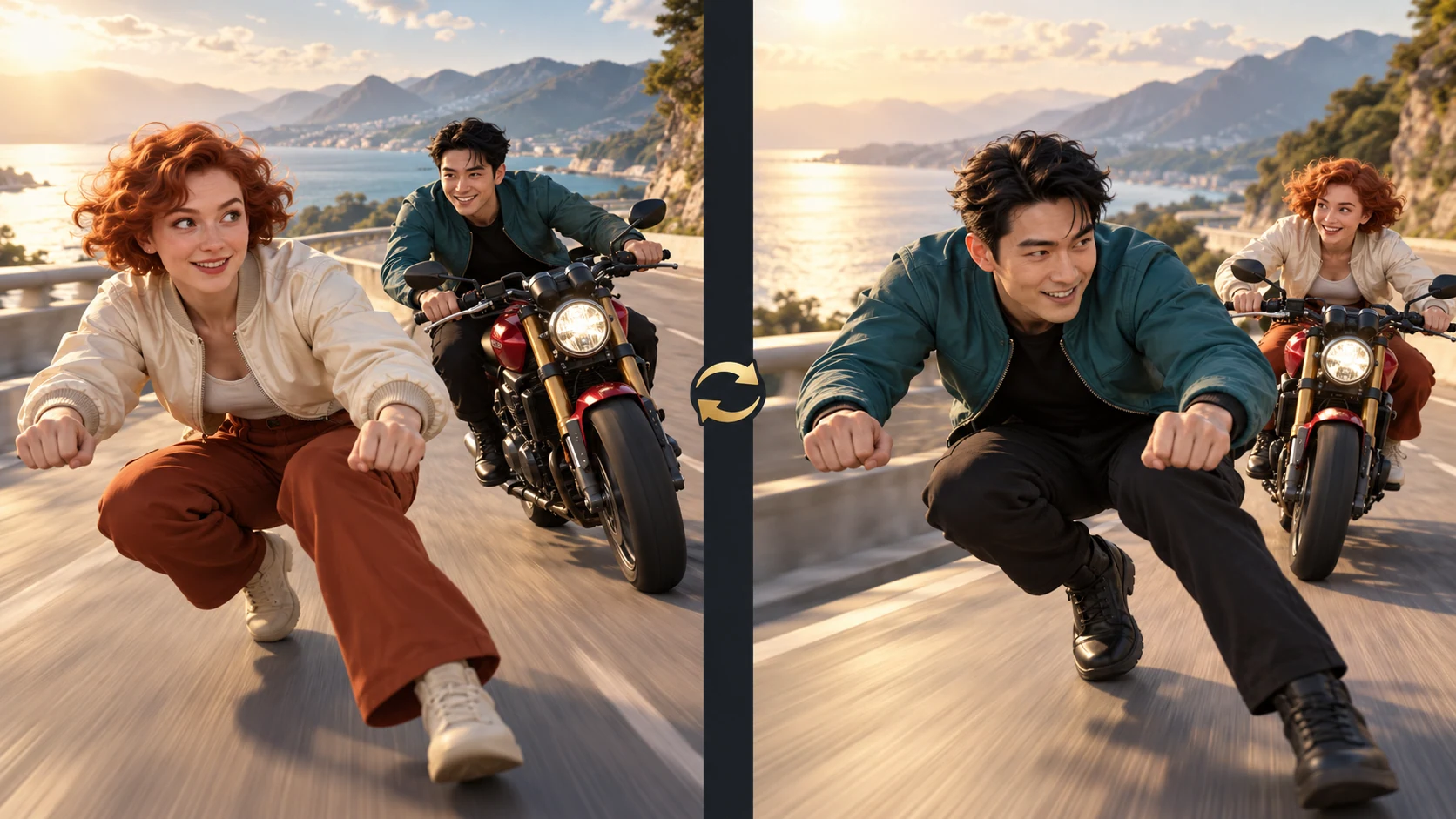 A side-by-side role test: the woman leads in the first composition, while the man leads in the second; the other adult follows on the red motorcycle.