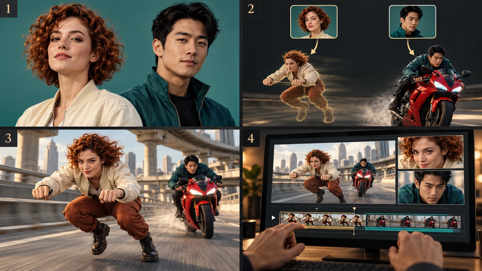 A four-panel process: portrait selection, character assignment, the chase scene and a timeline review of both faces.