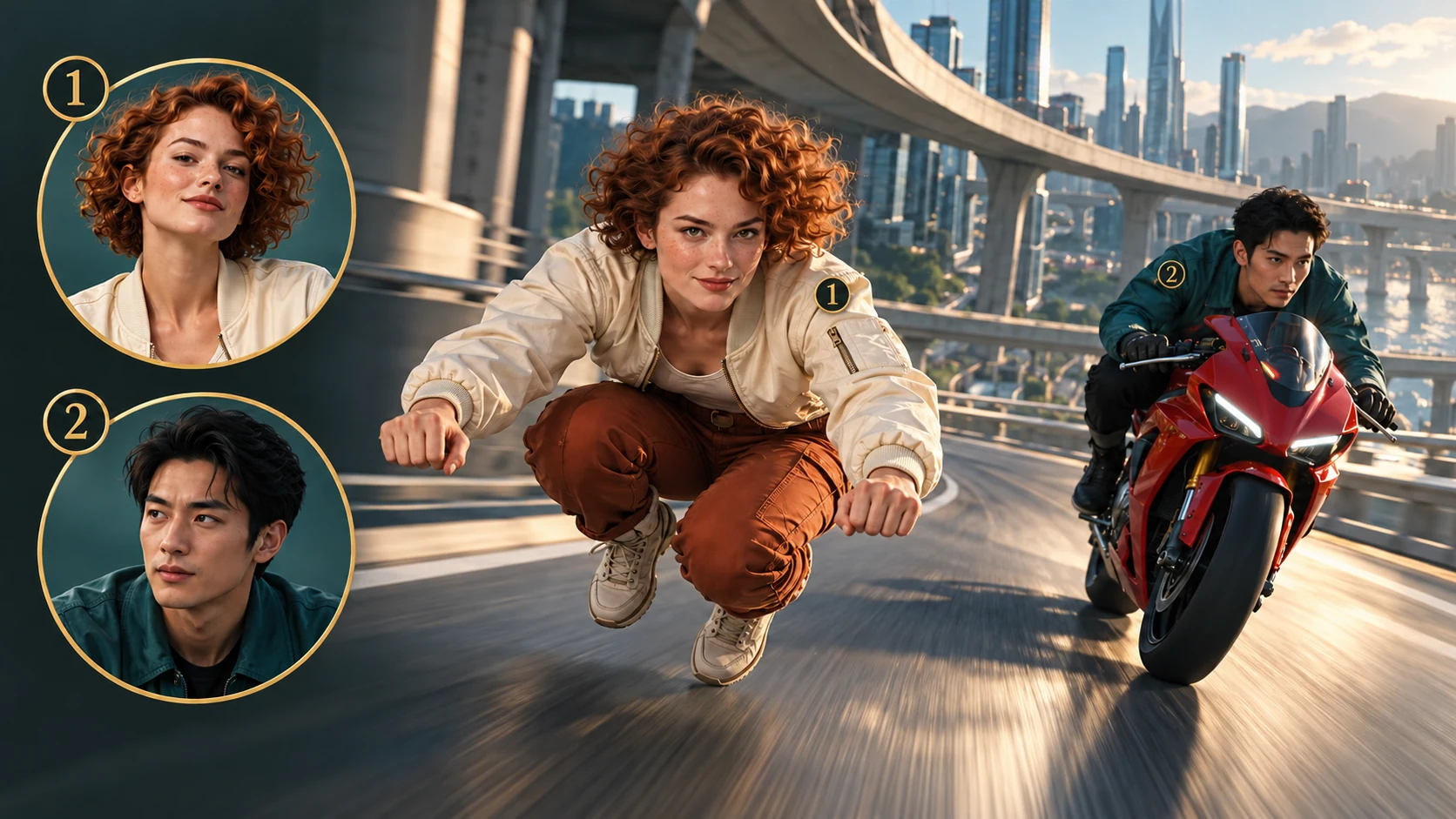 An auburn-haired woman in portrait slot 1 becomes the invisible-bike leader; a man in teal in slot 2 becomes the red-motorcycle pursuer, with matching number badges.
