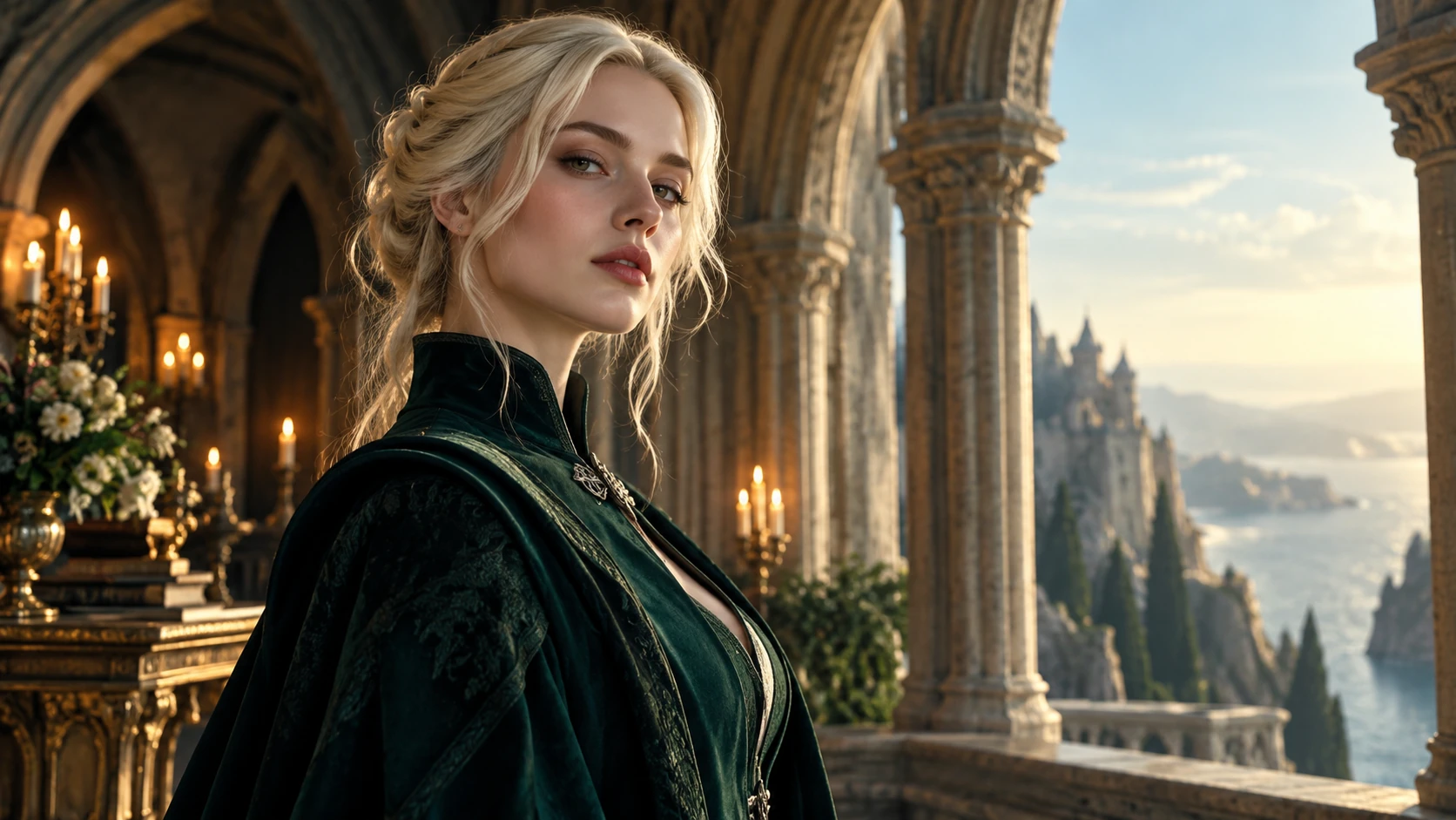 A cool portrait palette and restrained tailoring establish the fantasy-academy mood.