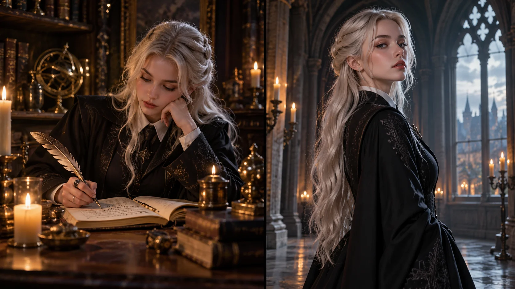 Editorial diptych showing a prompt panel flowing into an original adult fantasy-academy portrait with platinum hair and a dark tailored robe