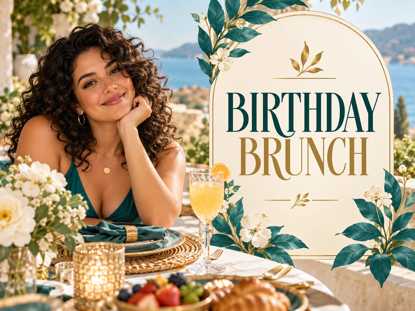 A birthday brunch invitation concept with an adult portrait and floral decoration.