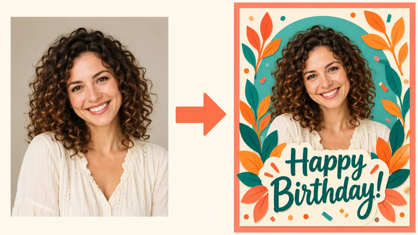 A portrait on the left and a decorated birthday card on the right, connected by a rightward arrow