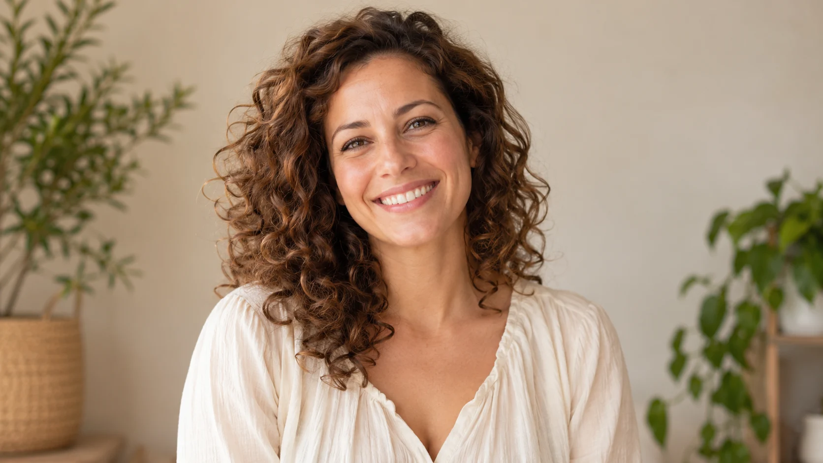 A clear head-and-shoulders portrait of a smiling woman against a softly lit neutral background