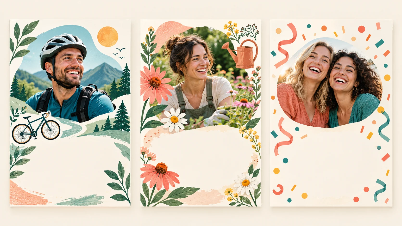 Three photo card concepts featuring a cyclist, a gardener and two friends