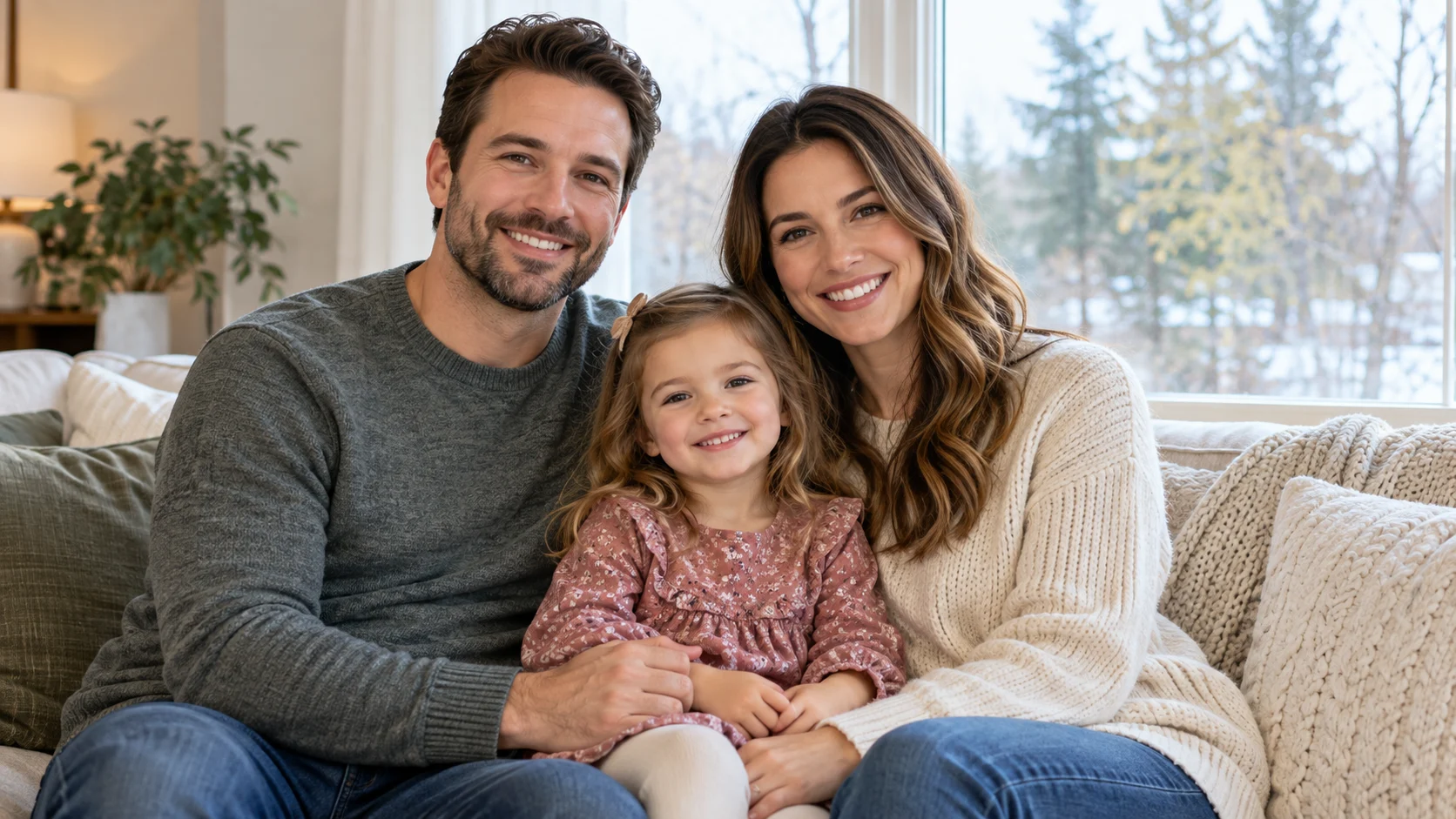 Two parents and their child sitting together beside a daylight window in a single family photo