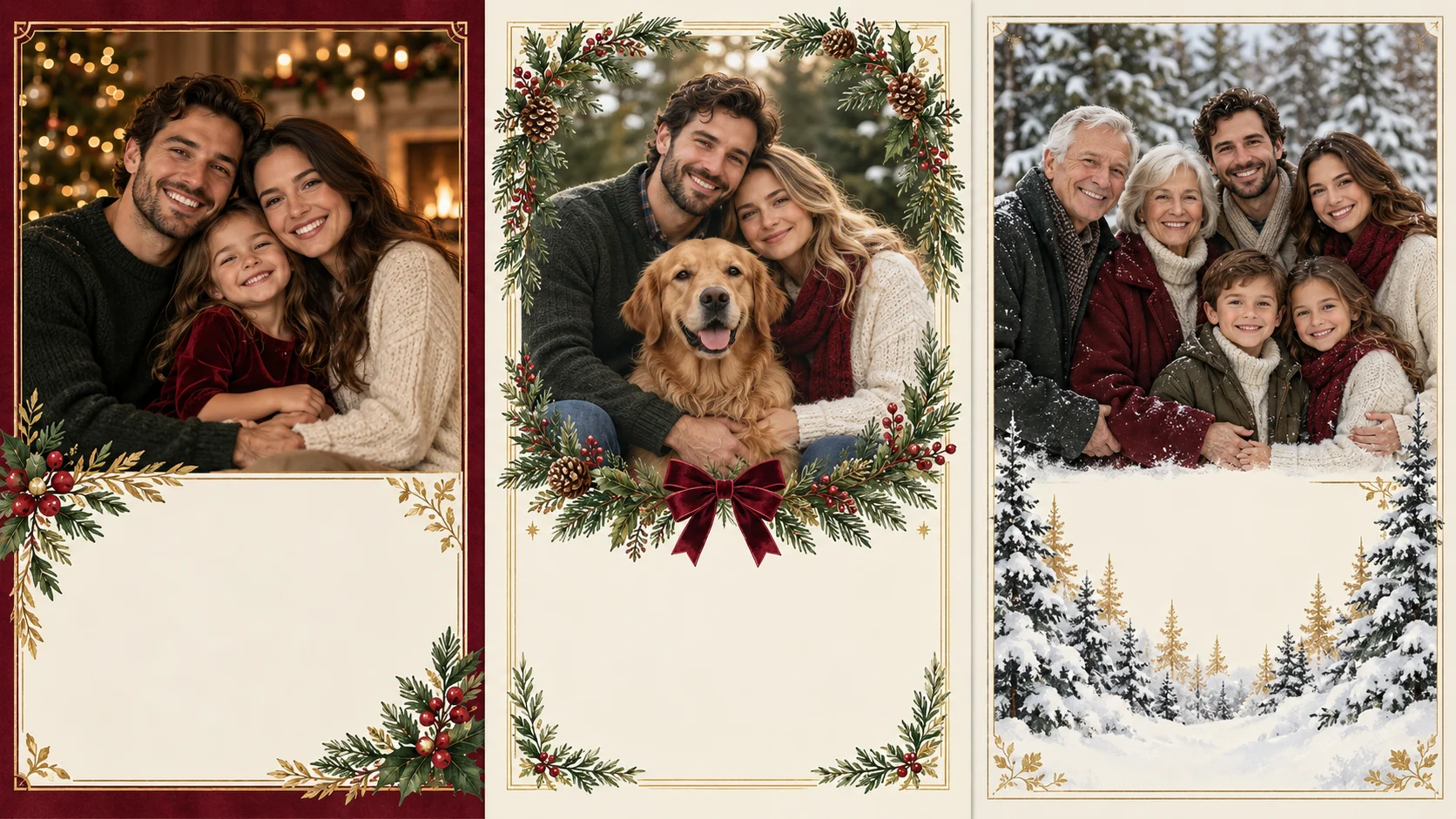 Three Christmas photo card concepts showing a family indoors, a couple with a dog and a multigenerational family