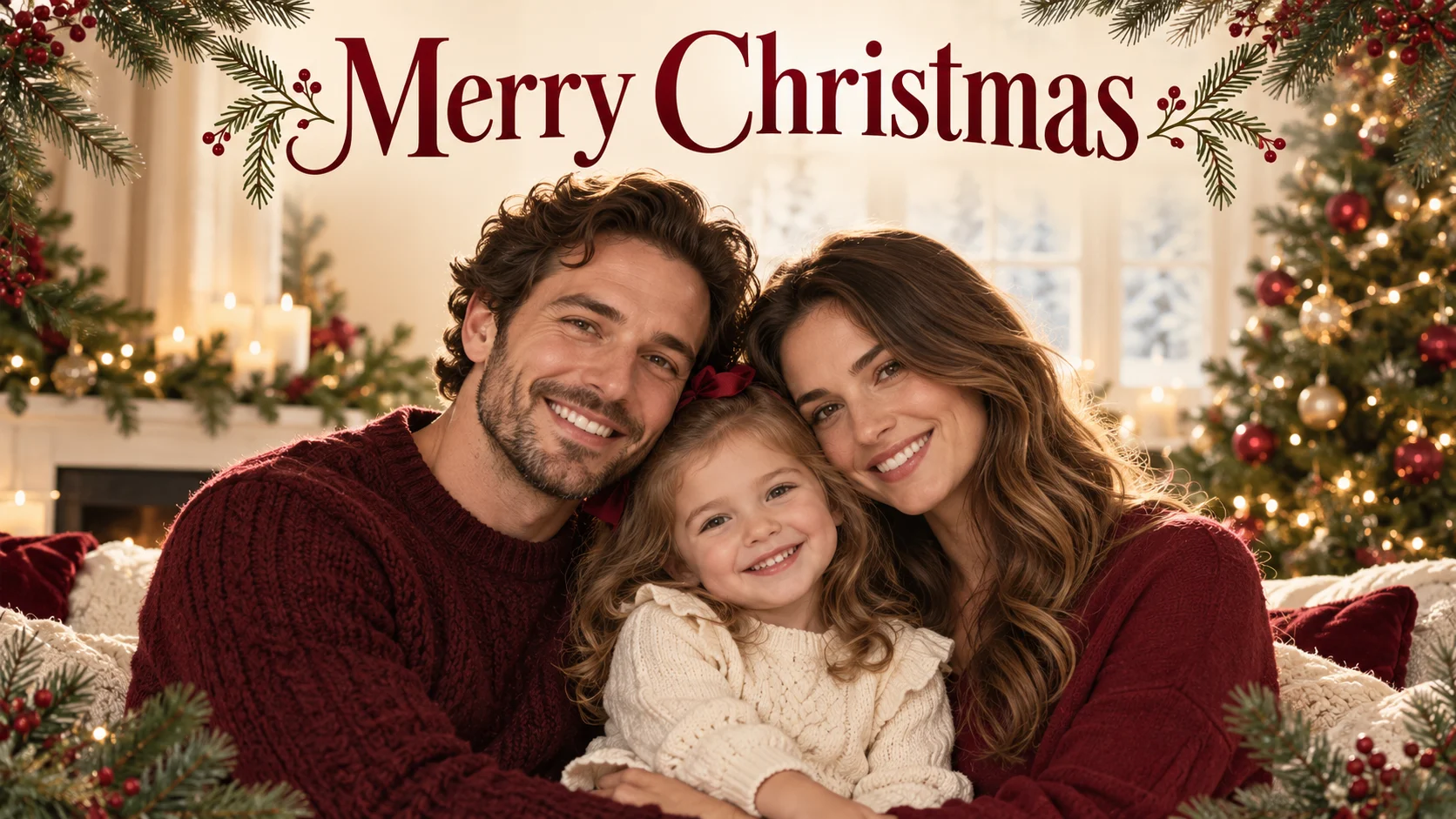 Two parents and a child in a warm Christmas card with evergreen decorations and a Merry Christmas greeting