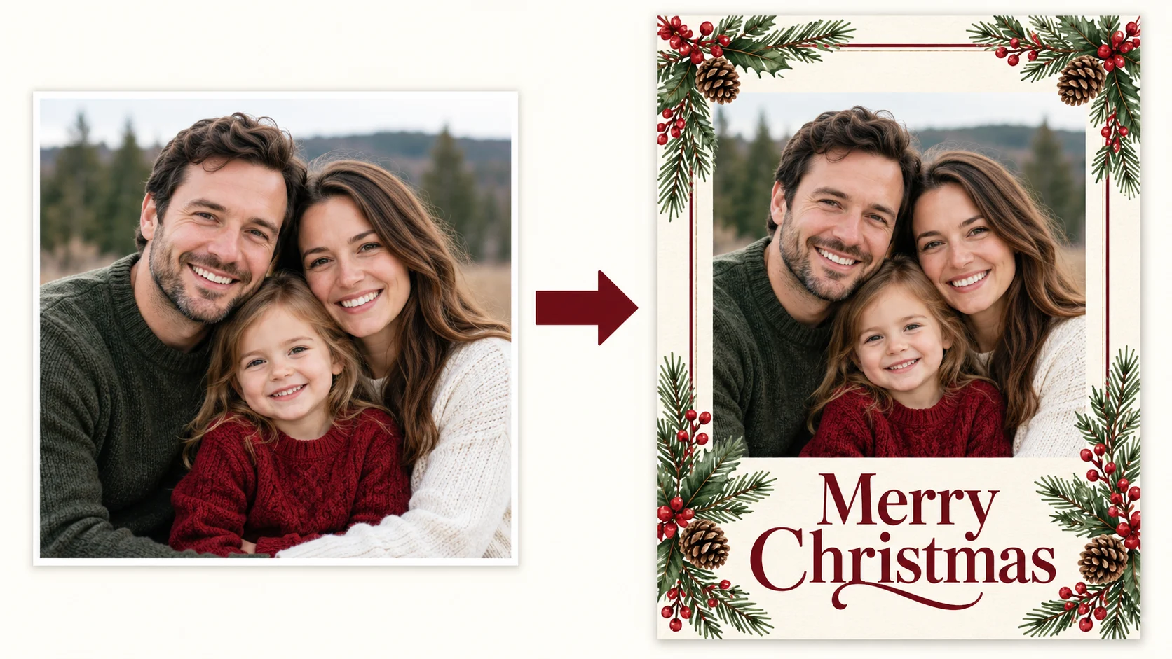 A family group photo on the left becomes a Christmas card on the right, with one rightward arrow