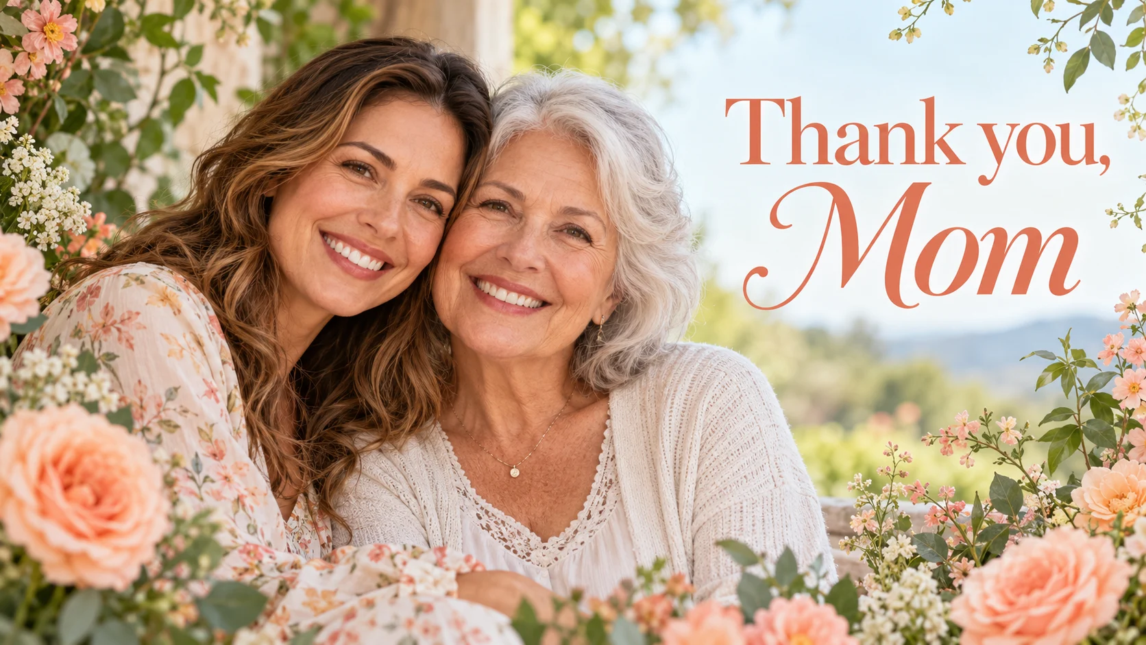 An adult daughter and her mother framed by peach flowers beside the words Thank you, Mom