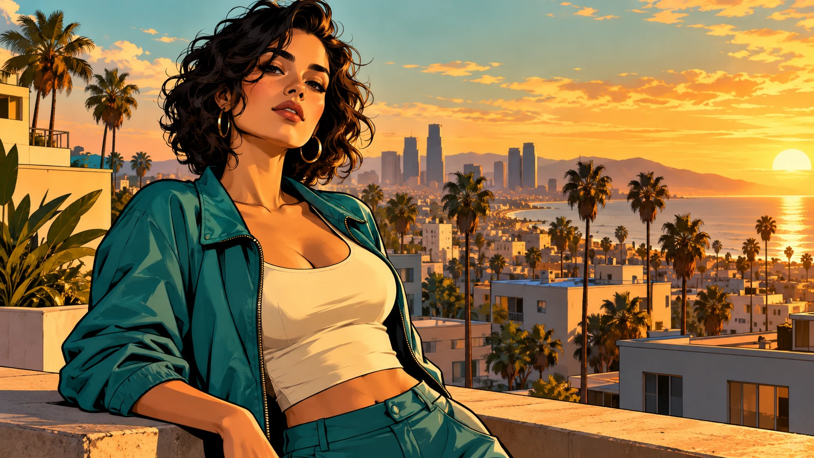 Ink outlines, warm city light and broad shadow blocks form the illustrated urban mood.
