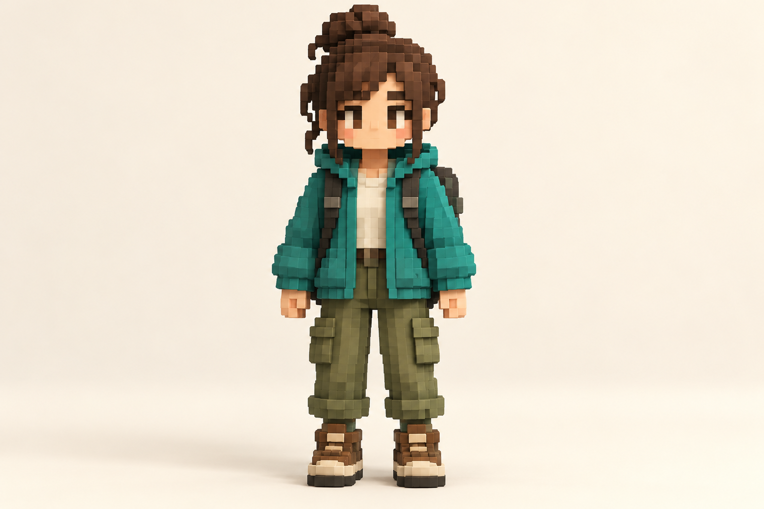 Front-facing character study simplifies details into large shapes.