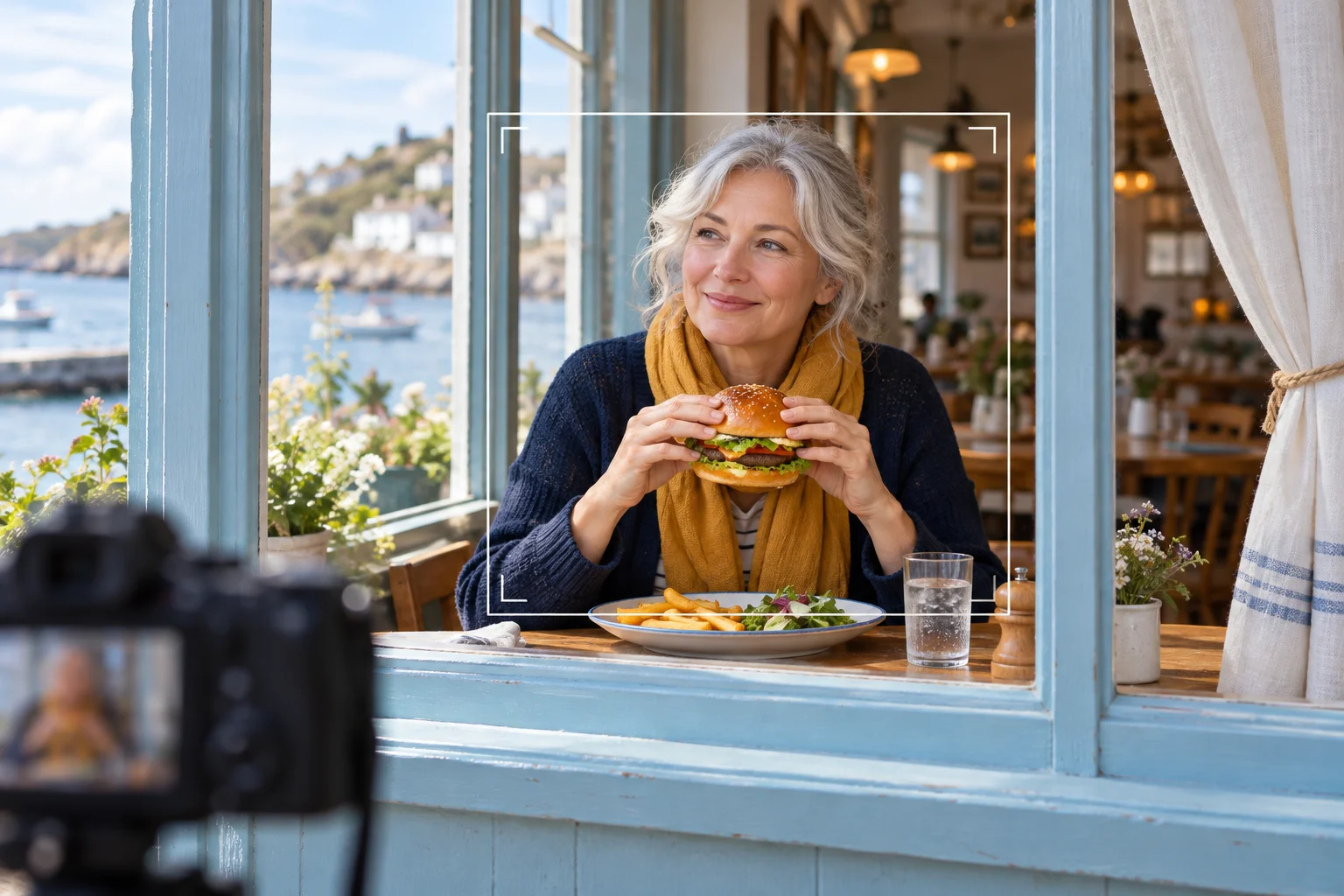 Seaside café window composition keeping the face, burger and curtain edge visible