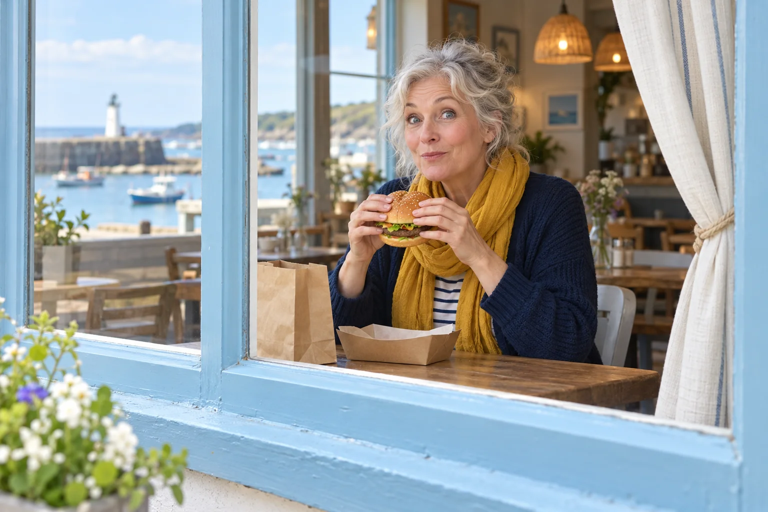Silver-haired woman with a mustard scarf holding a burger behind a pale blue café window