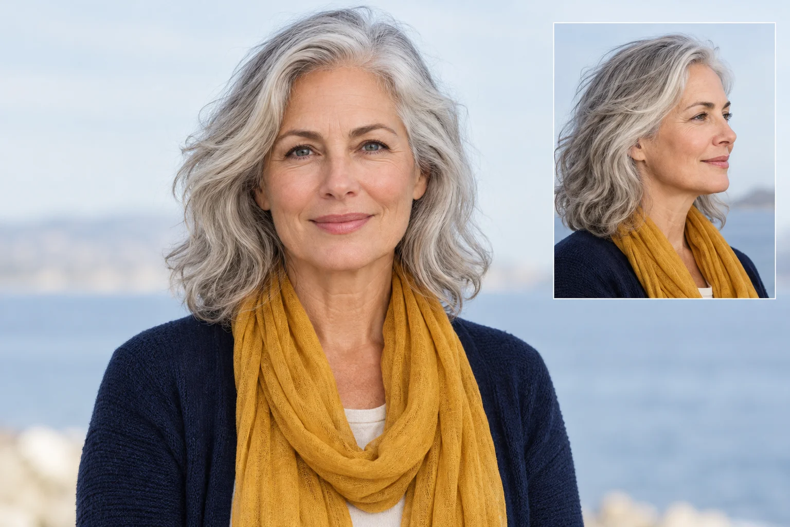 Clear portrait studies of a woman with silver hair and a mustard scarf