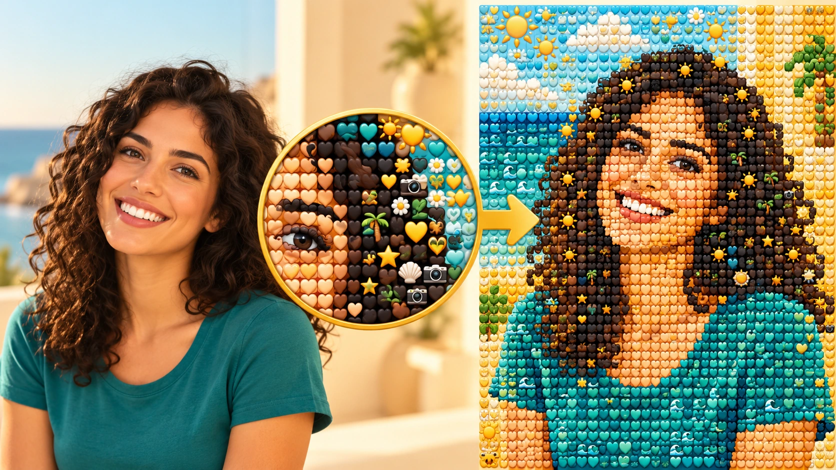 Large shapes in a photograph guide the layout of smaller pictogram tiles.