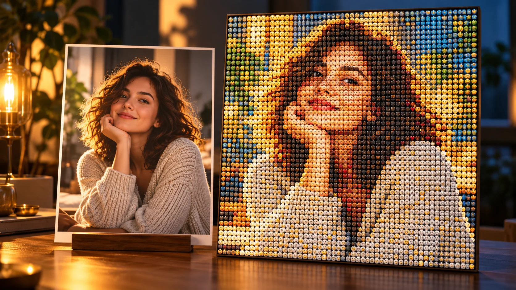 Editorial illustration of a photograph being rebuilt from many tiny emoji tiles on a lit studio wall