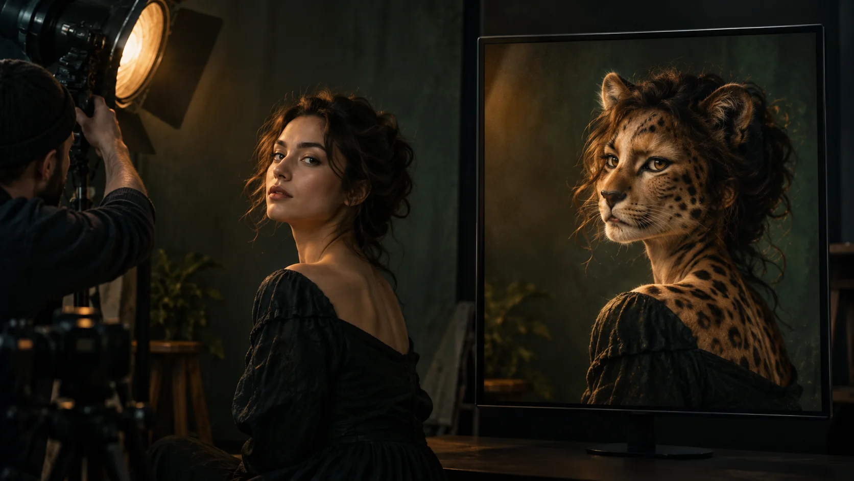 Editorial illustration of a photographer framing a portrait that becomes an animal-inspired likeness on a monitor