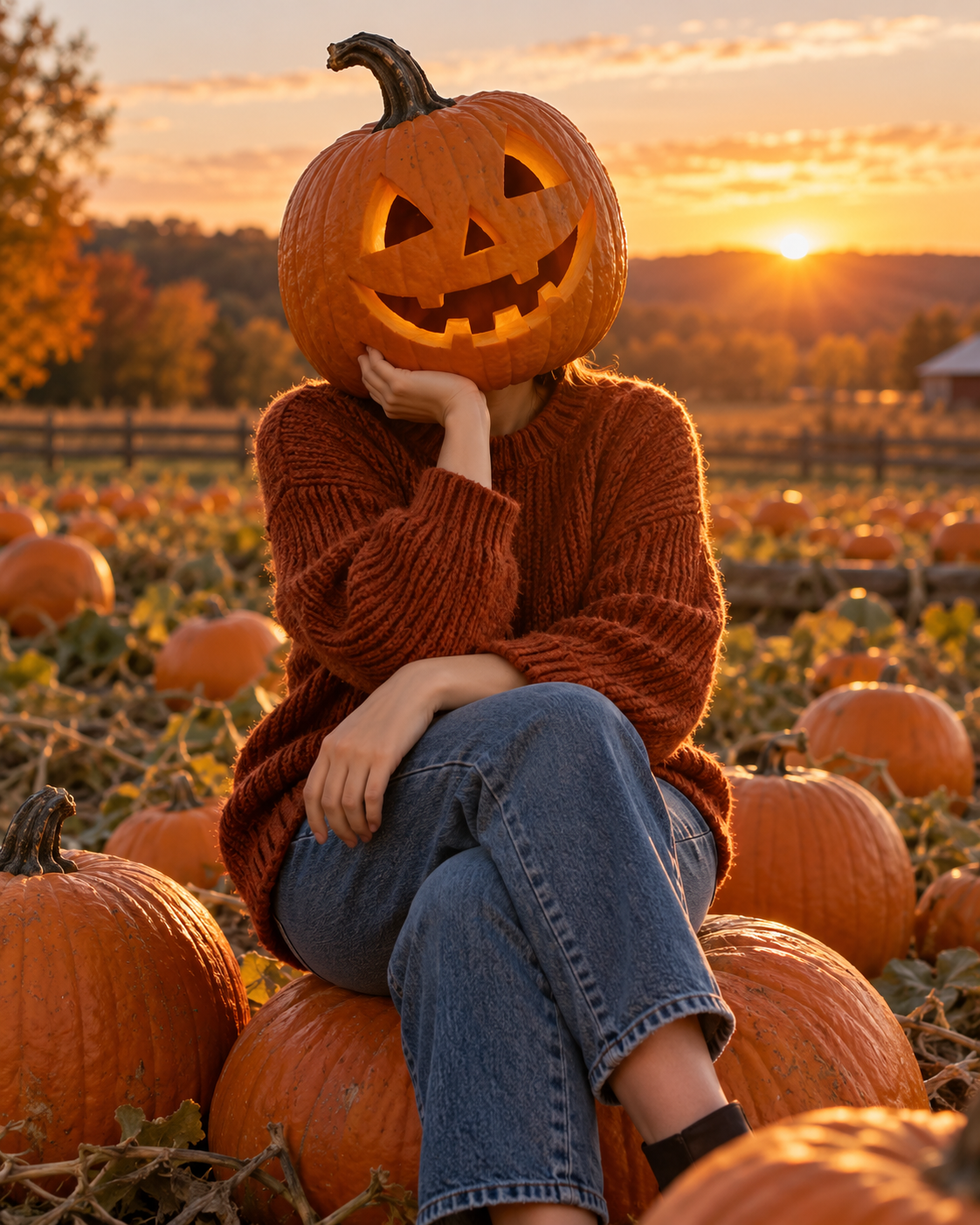 A pumpkin-patch setting adds a seasonal context.