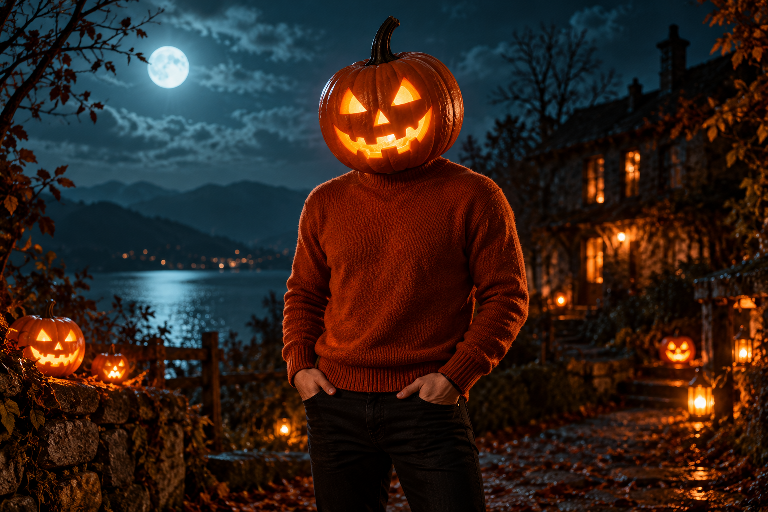 A moonlit portrait suggests a darker Halloween mood.