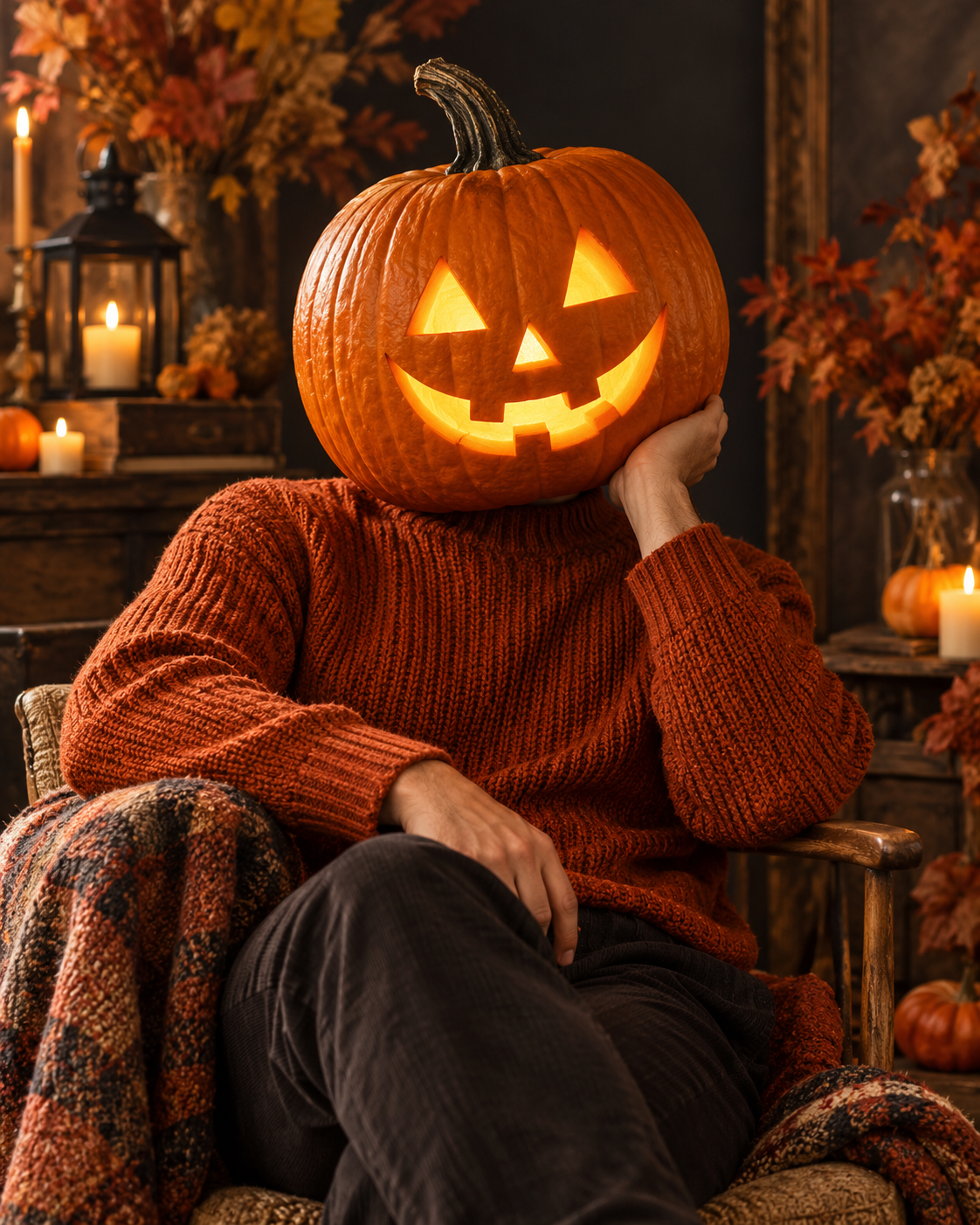 Warm studio lighting for a carved pumpkin-head portrait concept.