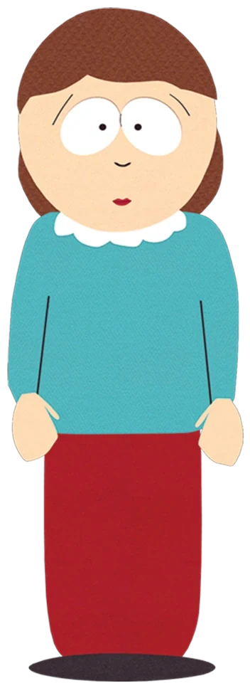 Liane Cartman with brown hair, a turquoise top with a white collar, and a long red lower garment