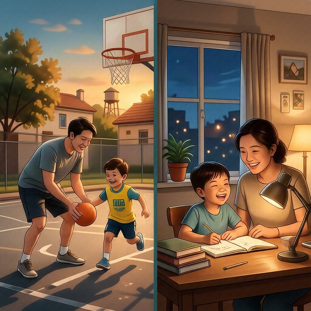 A warm, heartfelt two-panel illustration telling the story of a daily family routine, split down the middle by a soft cl